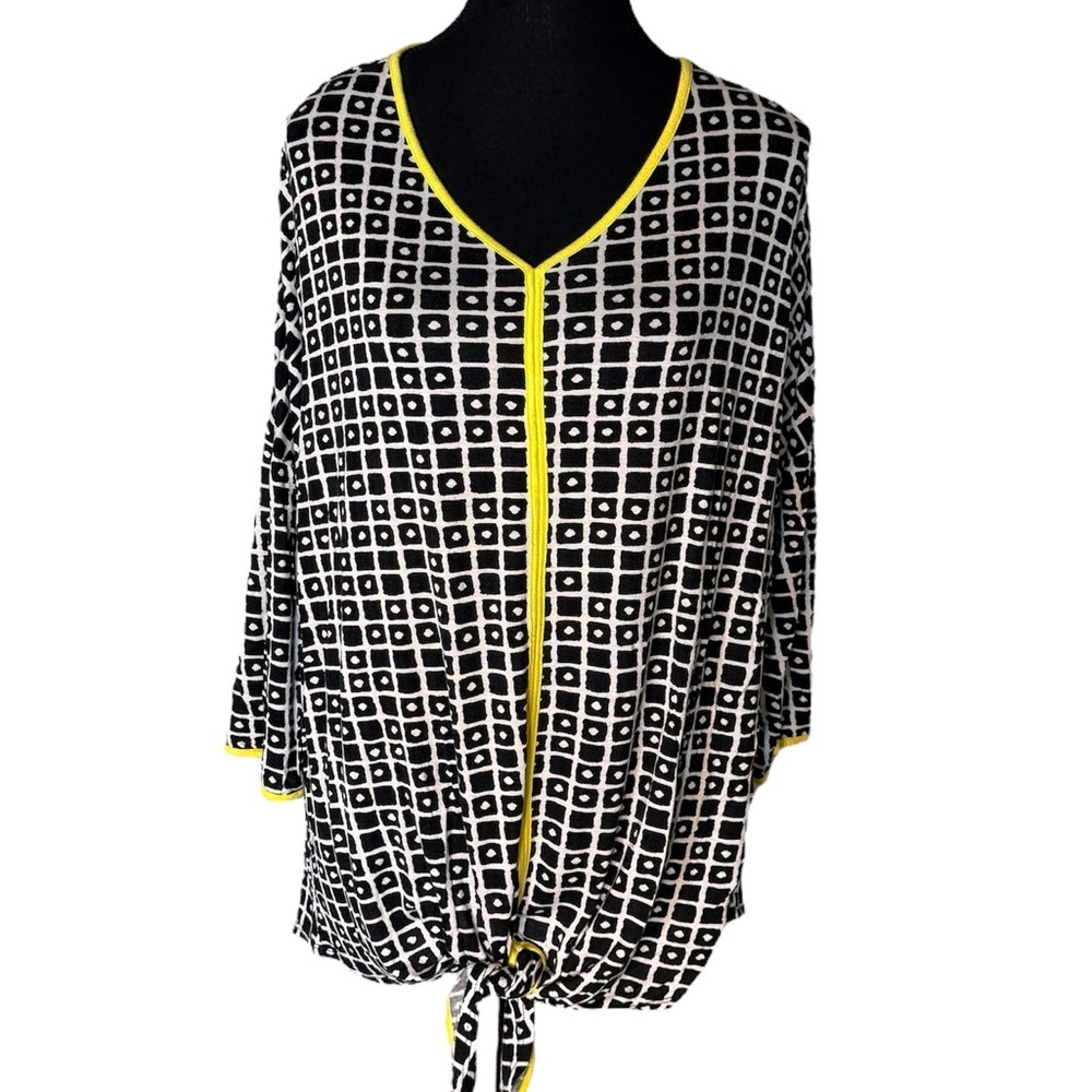 WESTBOUND Long Sleeve Black White Yellow Abstract Geometric Top V Neck Tie XL